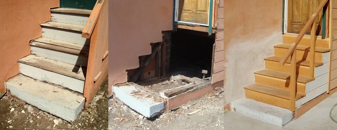 A collage of three pictures of a set of stairs.