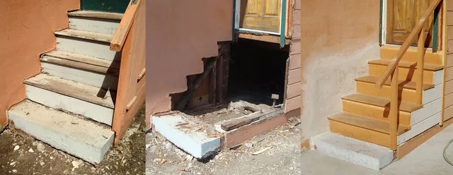 A collage of three pictures of a set of stairs.