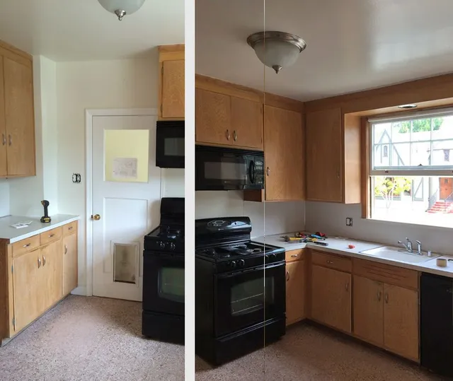 A kitchen with wooden cabinets and a black stove