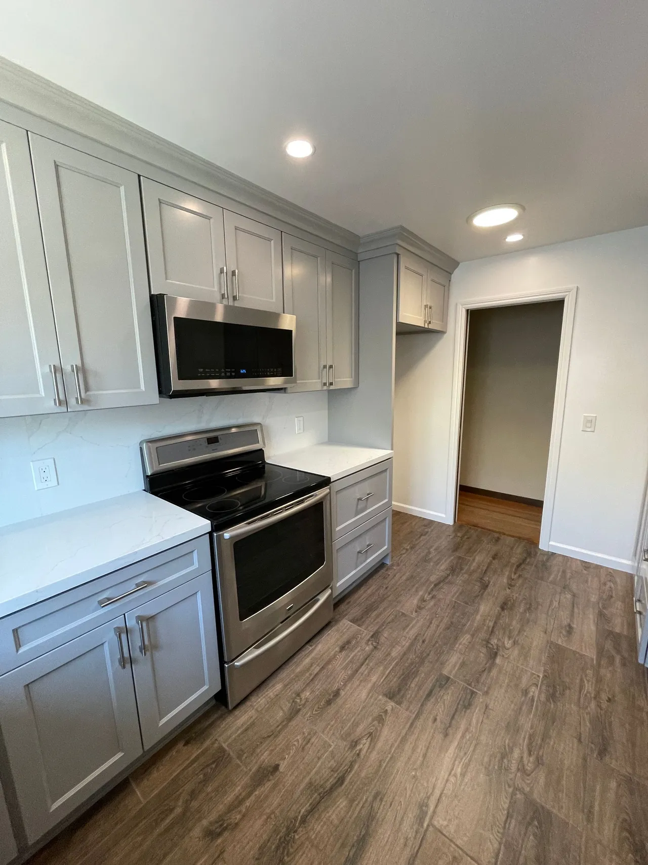 Modern kitchen with gray cabinets, stainless steel appliances, white countertops, and wood-look flooring