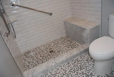 A bathroom with a walk in shower and a toilet.