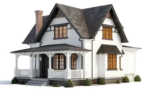 A white two-story house with a grey roof, dark trim, and a covered front porch.