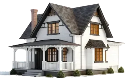 A white house with a black roof and a porch on a white background.